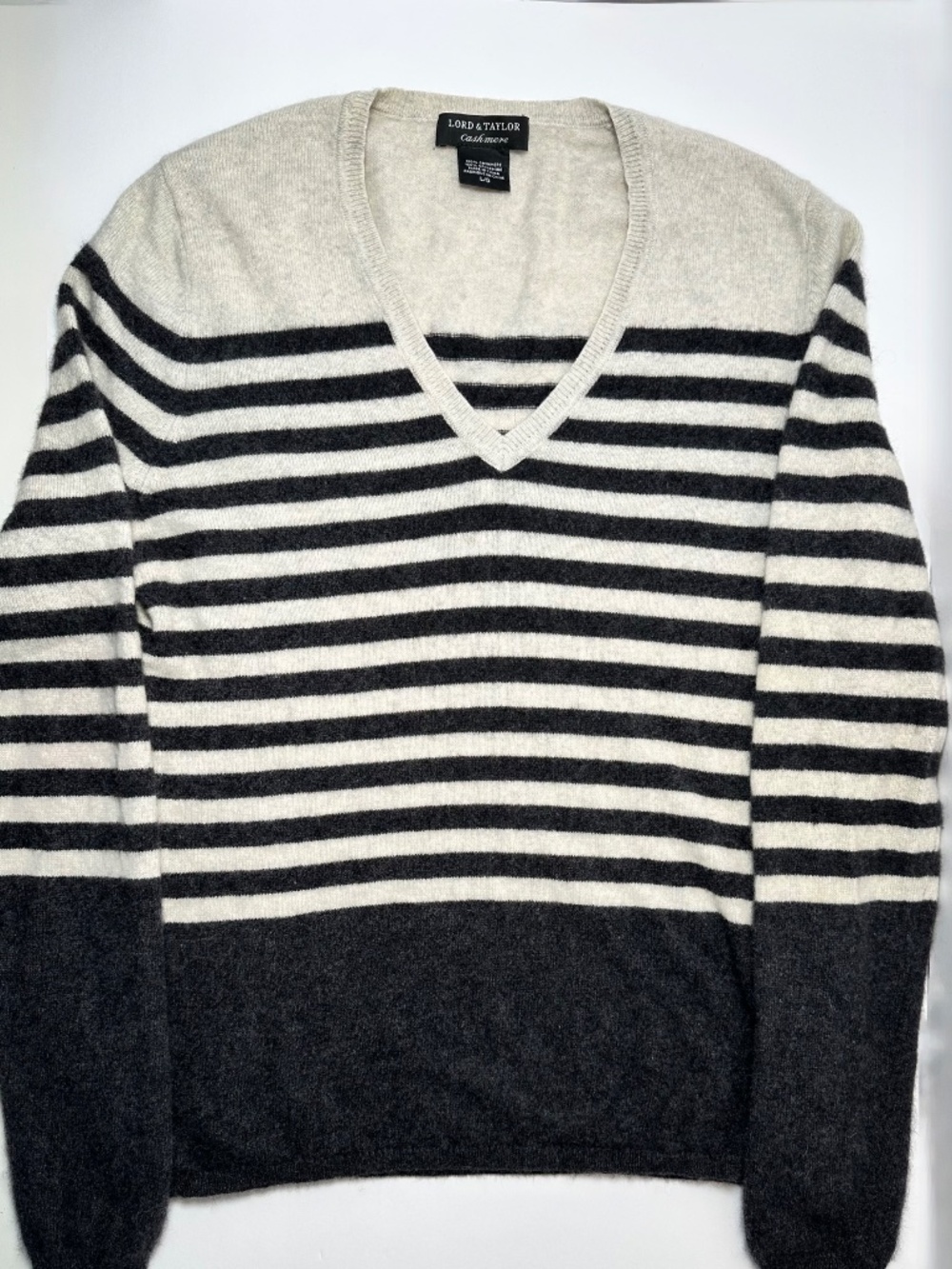 Lord & Taylor 100% Cashmere Sweater | Striped V-Neck | Soft Neutral | Size L - Picture 4 of 14